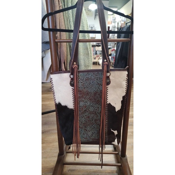 Myra Handbags - Myra Leather Hand Tooled Tote With Authentic Cowhide Western Leather Fringe